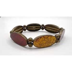 Vintage Stretch Bracelet Oval Panels Amber Burgundy‎ Brass Tone